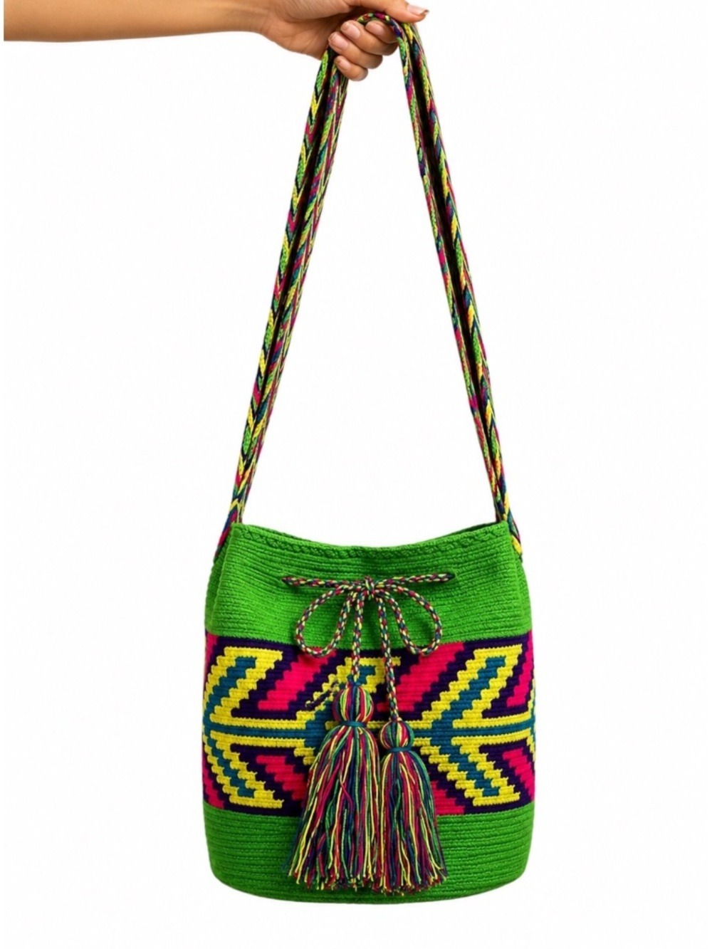 PIECES OF COLUMBIA MOCHILA WAYUU Bag Cotton Vibrant Neon Patterns & Tassels Boho